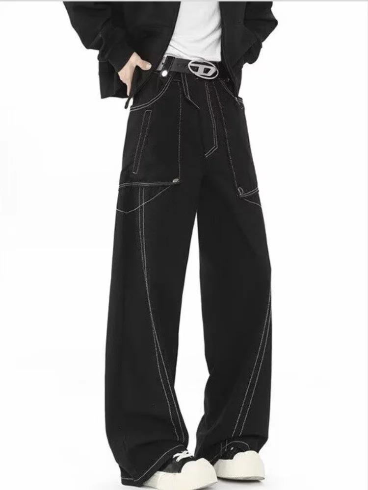 Ropa Y2K Fashion Black Casual Bag Jeans Mens Clothing Straight Wide Legs Long Trousers Pantalon Homme 250403
