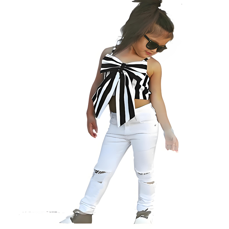 Discount Fashion Girls Suit Stripe Tops +Pants 2 Pieces The Strapless Set Kids Bowknot Hole White Pants Childrens Clothing Set