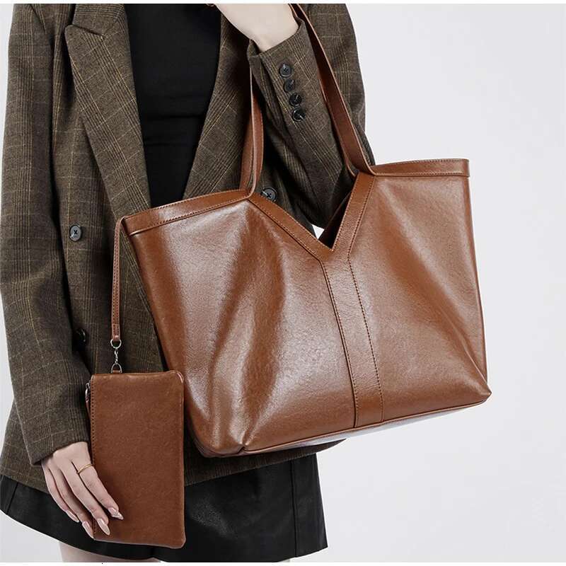 Y Shape Genuine Leather Tote Large Capacity Shoulder Women Underarm Travel Storage Shopping Bag With Wallet