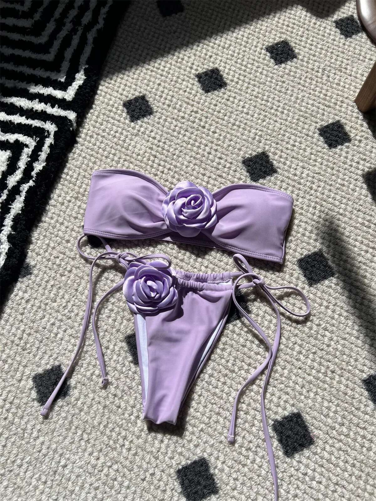 Dongdumaoyi Bikini Swimsuit Women D Flower Designer Bikinis Sets Solid Orange Bandeau Push Up Beach Bathing Suit Thong Swimwear