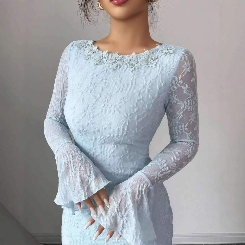 2025 Early Autumn New Solid Color Flared Sleeve Round Neck Slim Fit Long Mermaid Dress for Women