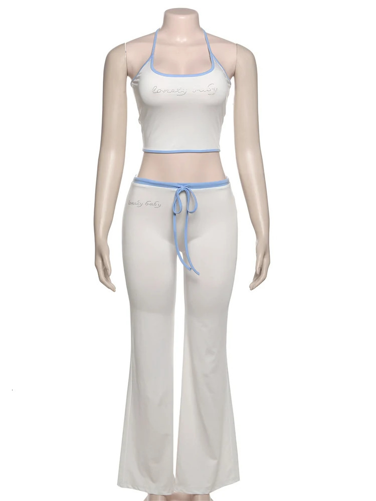 Nibber Fad casual letter printing 2piece set womens suspender crop topdrawstring elastic Flare pants vacation simple 250407