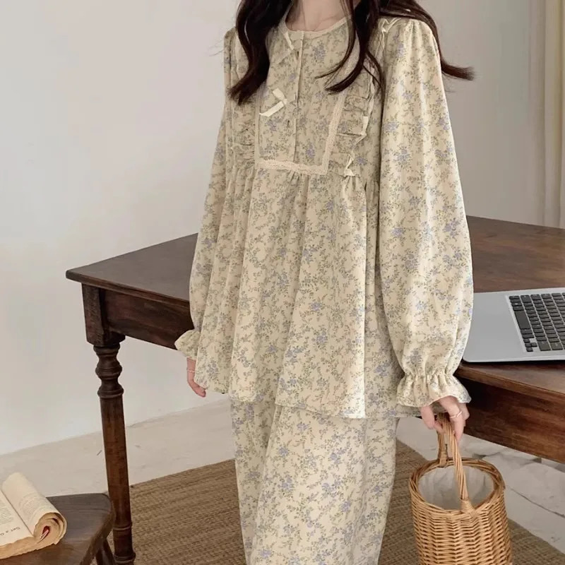 Womens plus size pajamas garden style student home clothes twopiece Korean bow can be worn on long sleeved women 250313