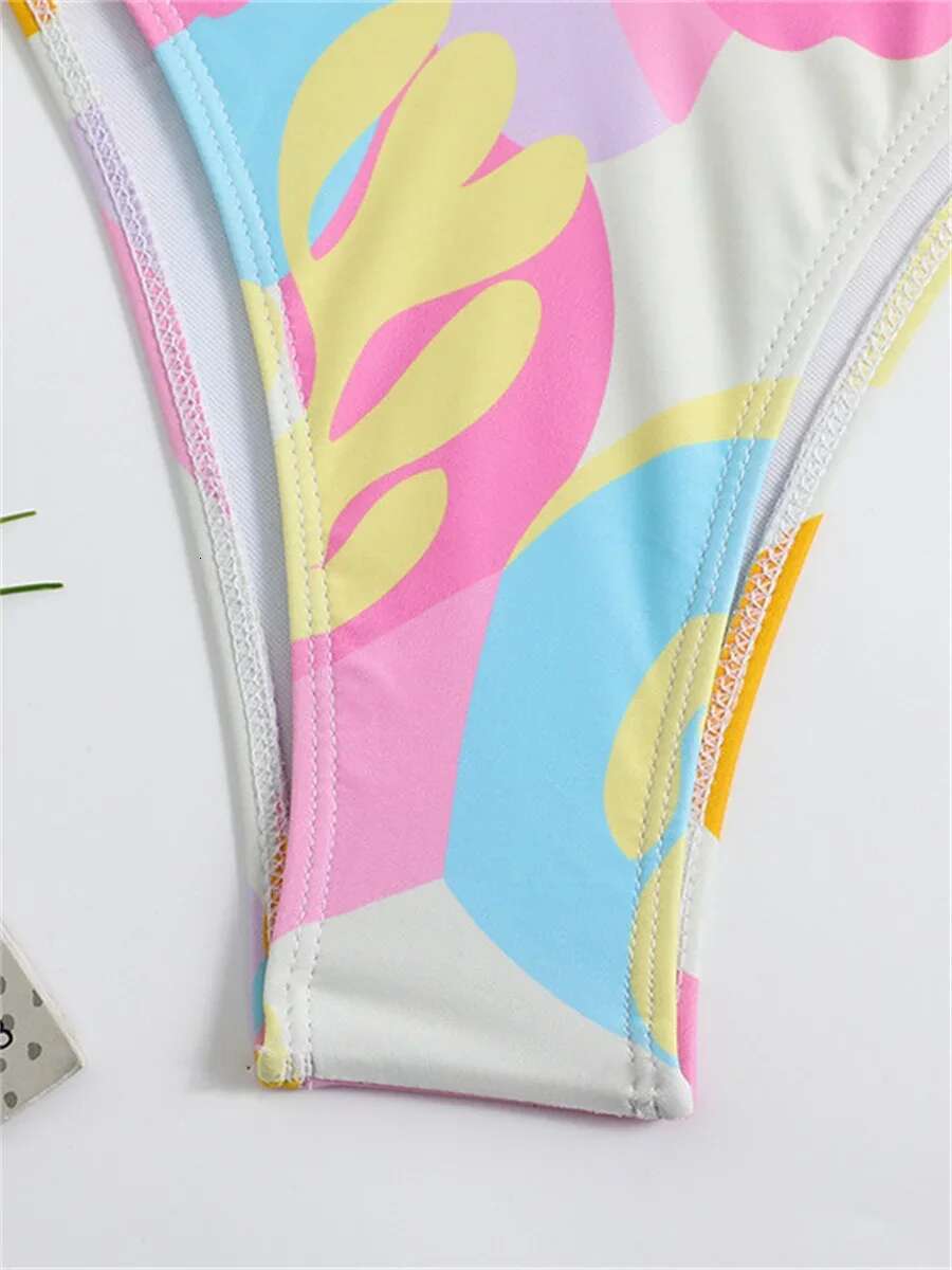 Dongdumaoyi Sexy Bandeau Bikini Women Pink Floral Print Ring Linked Drawstring Push Up Micro Swimwear Beach Bathing Suit Thong Swimsuit
