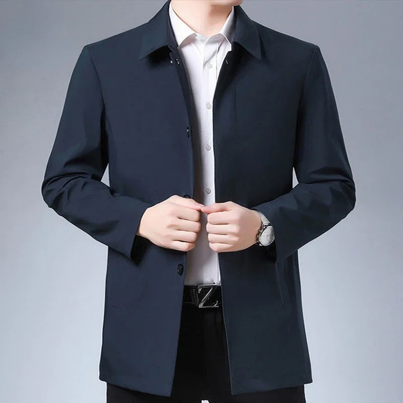 Casual Business Collar Windshield Jacket Mens Coats High Quality Spring Trench Solid Color Medium Length 250313