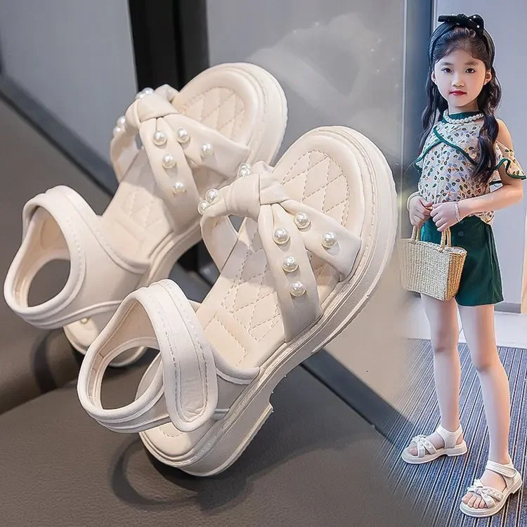 Little Girls Sandals 2025 Summer Princess Shoes with Pearl for Party Wedding Kids Anti Slip Knot Beach Shoes for Vacation 250407