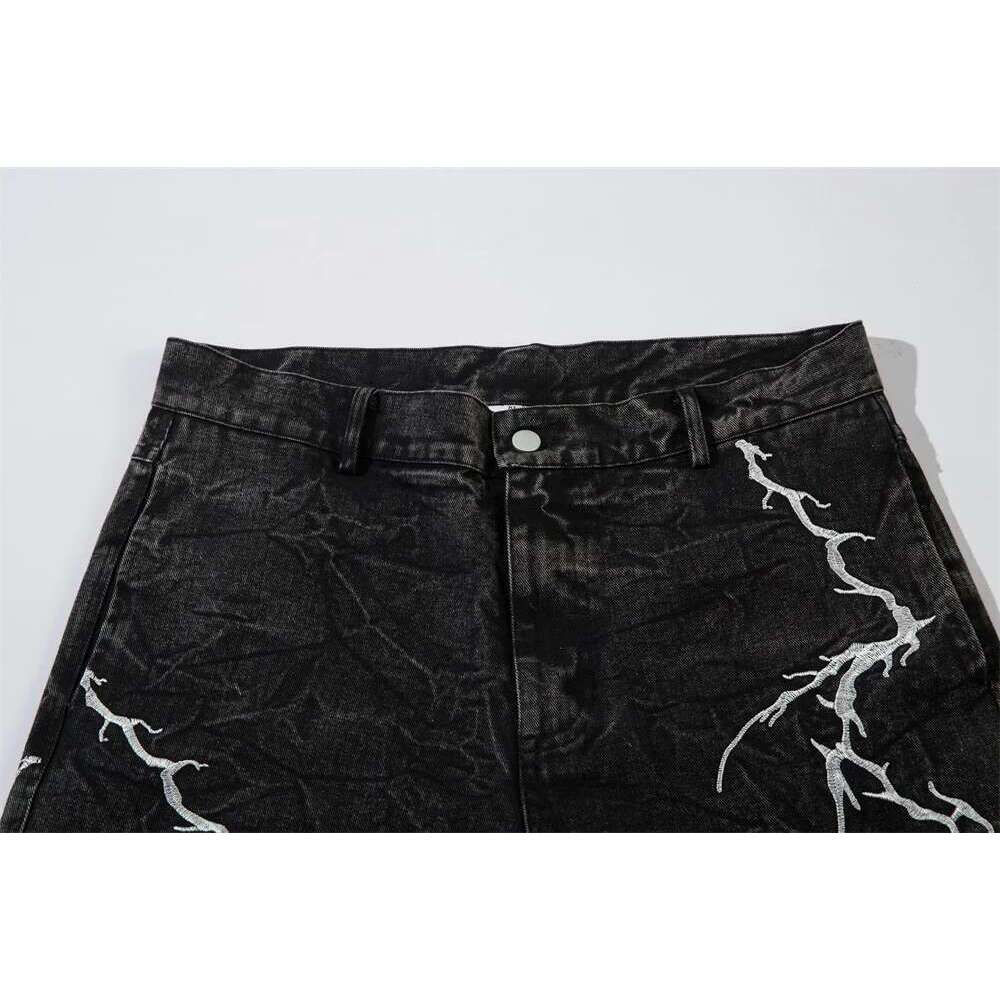 Lighing Embroidery Jeans Mens High Street Washed Distressed Loose Wide Leg Denim Pants Men Trousers