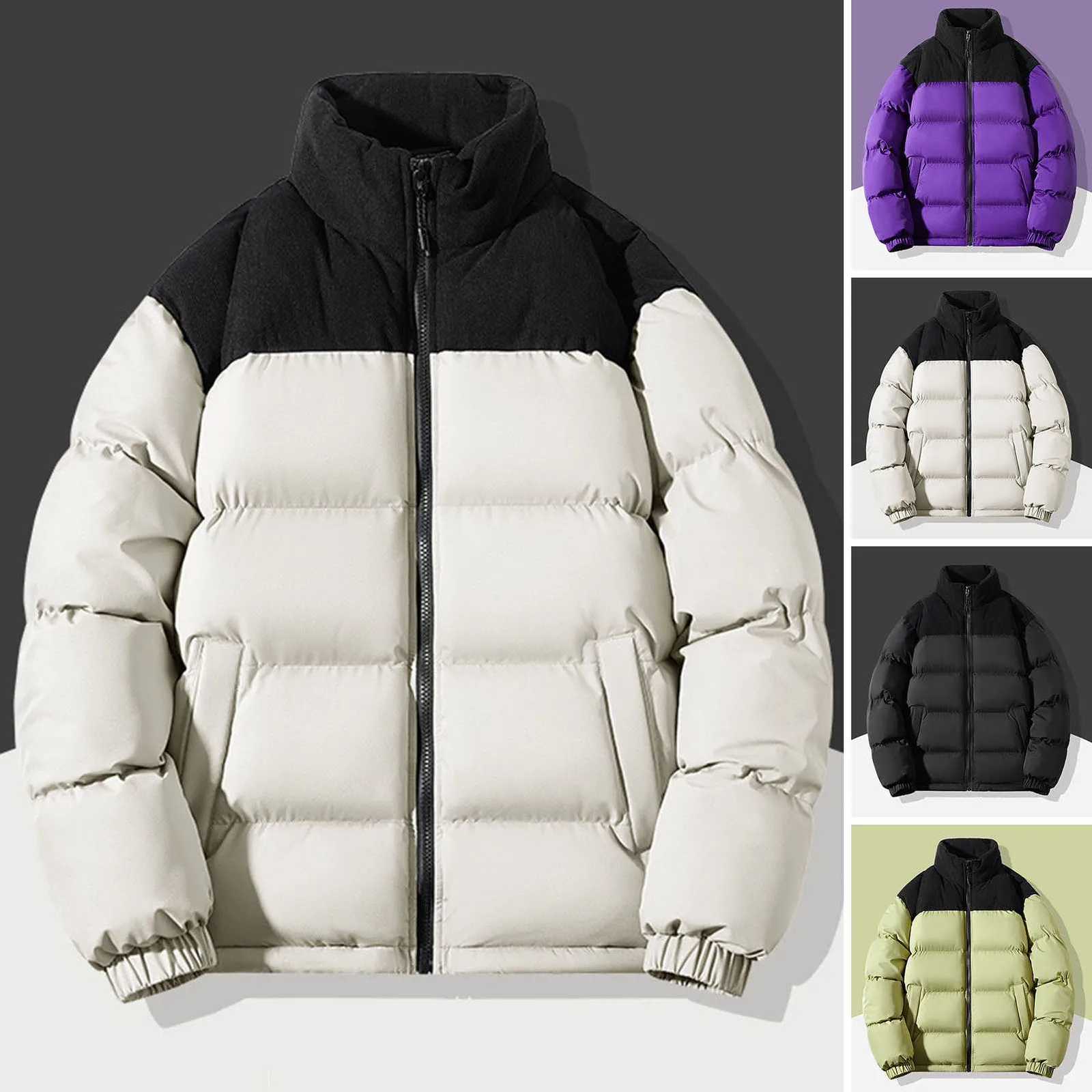 Mens Cotton Coat Stand Collar Long Sleeve Patchwork Colored Jacket Coat Loose Zipper Pocket Casual JacketT251107