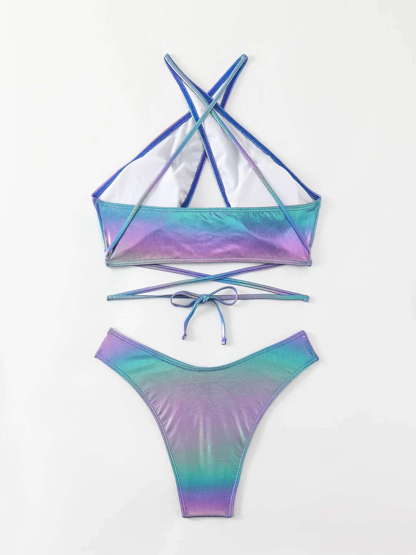 Dongdumaoyi Shiny Glossy Blue Bikinis Sets Women Sexy Halter Cross Bandage Push Up Micro Swimsuit Brazilian Bathing Suit High Waist Swimwear