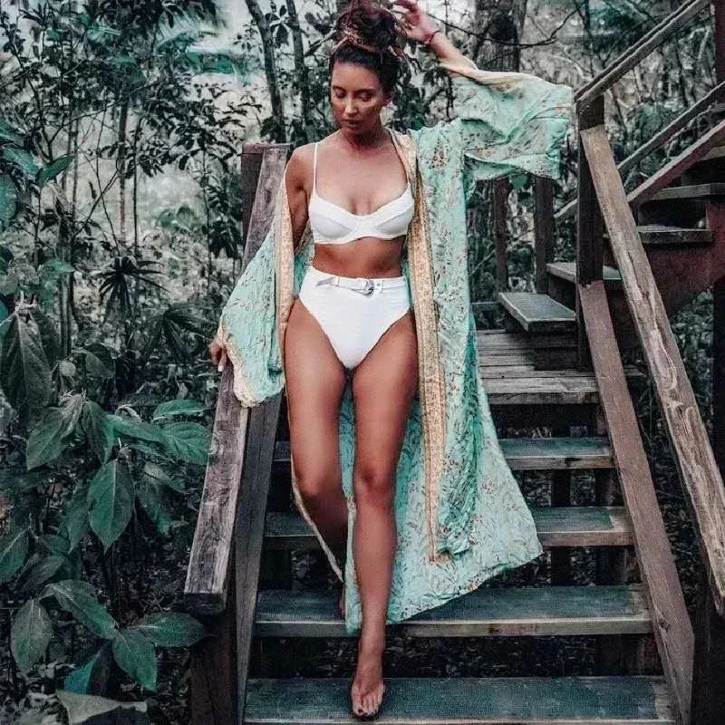 Bohemian Queen Fashion Womens Green Flower Printed Bat Sleeve Artificial Silk Beach Kimono Vneck Robe Bikini Top 250327