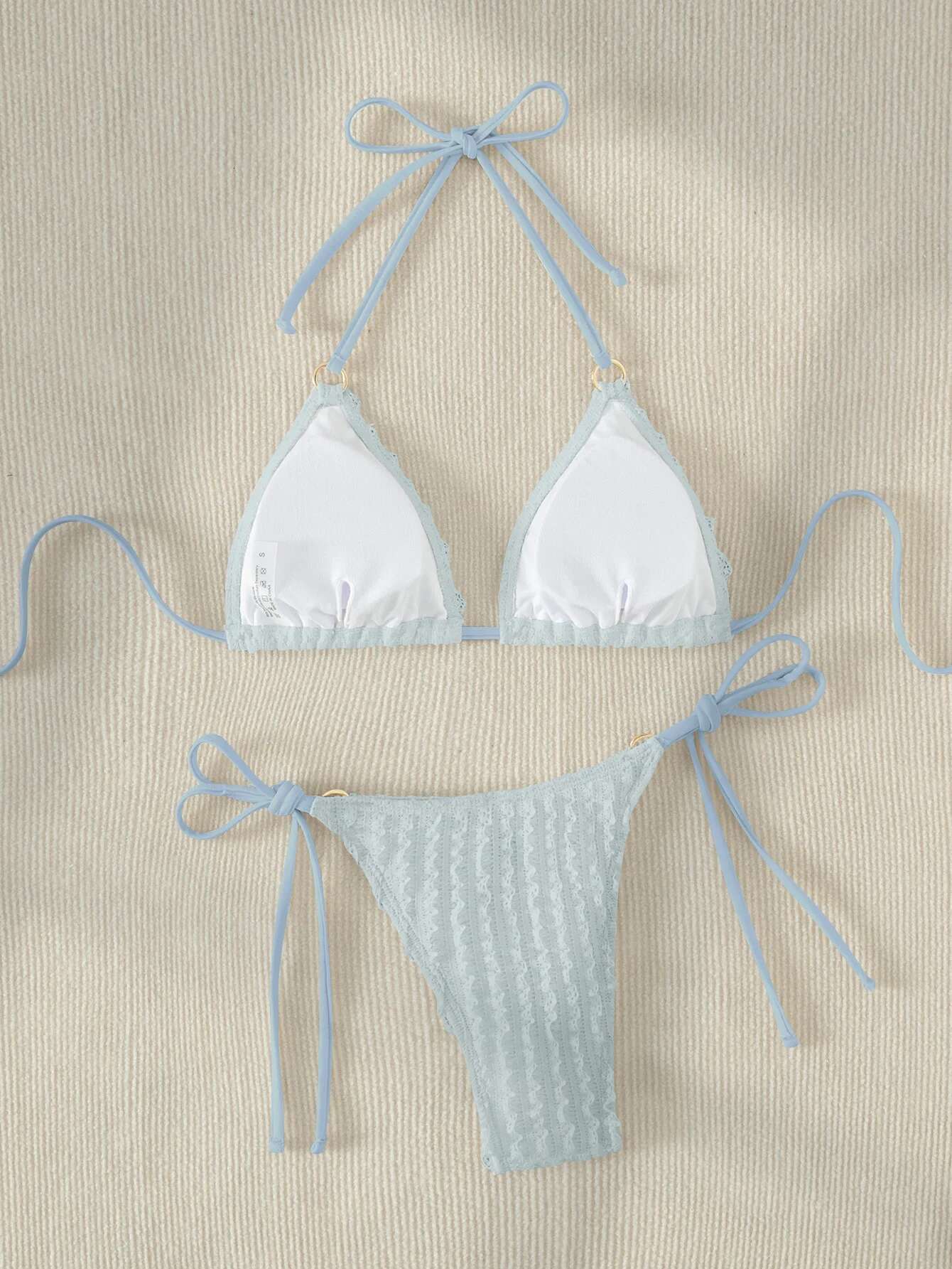 Dongdumaoyi Sexy Pink Bikini Women Halter Ring Linked Push Up Set White Tie Side Thong Swimsuit Bathing Suit Micro Swimwear