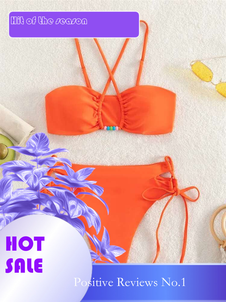 Dongdumaoyi Sexy High Waist Bikini Set Women Orange Purple Hollow Out Pearls Push Up Micro Swimsuit Beach Bathing Suit Lace Swimwear