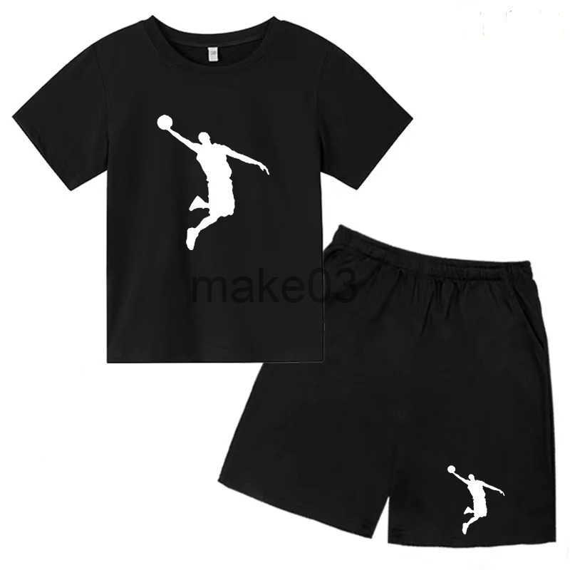 T-shirt 3-12Y clothing short sleeved top+shorts 2P boys and girls childrens basketball star printing sports fashion jogging casual set J250403