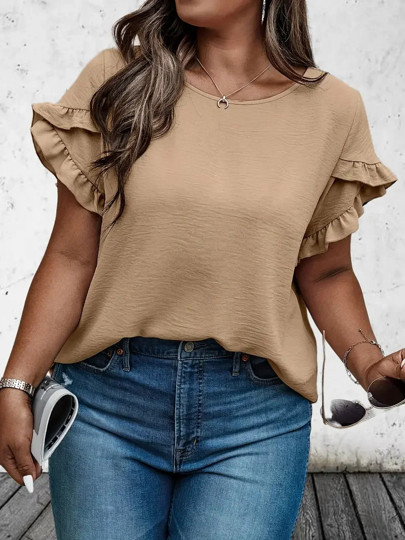 Womens 1XL5XL Plus Size Ruffle Decoration Tshirt Solid Color Flat Top Casual Spring Summer Short sleeved Dress 250407
