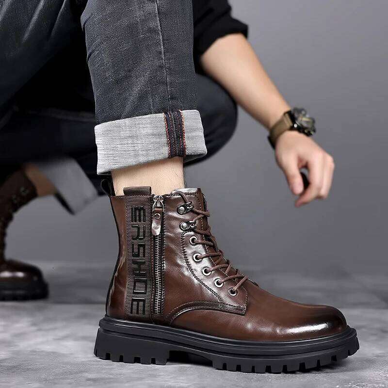 Luxury Brand Winter New Designer Genuine Leather Boots Fashion Casual High Top Short Plush Men Side Zipper Platform Shoes