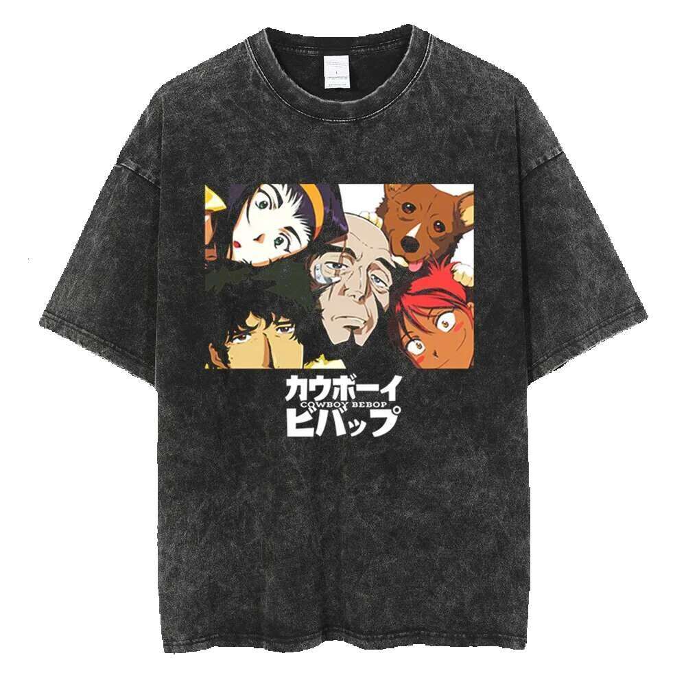 Anime hot denim Bebop pattern printed for men and women classic street Haruku men's top washed cotton cartoon T-shirt