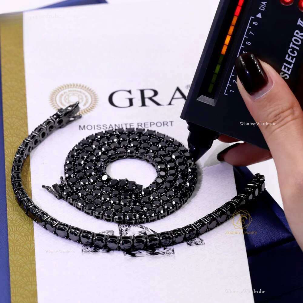 Bg Unisex 1 Row Necklace/Bracelet Black Lab Created Dias 2MM 3MM 4MM 5MM 6.5MM Tennis Moissanite Chain