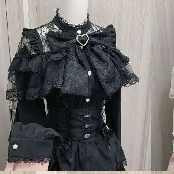 Japanese Mine Lolita Bow Shirt Subcultural Shirts Female Cute Black And White Lace Long-Sleeved Short-Sleeved Blouse Women