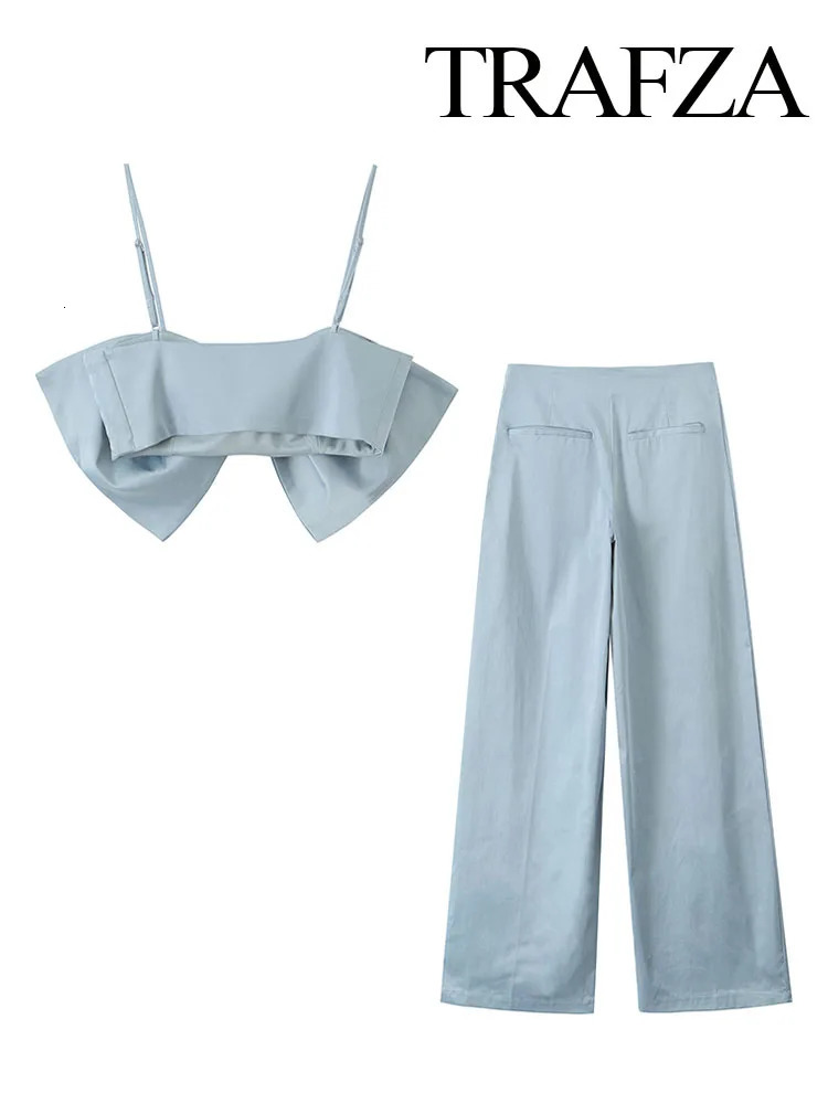 TRAFZA womens elegant and sexy sleeveless strapless pendant short topcasual ultrathin back pocket side zipper wide leg pants 2piece set 250407
