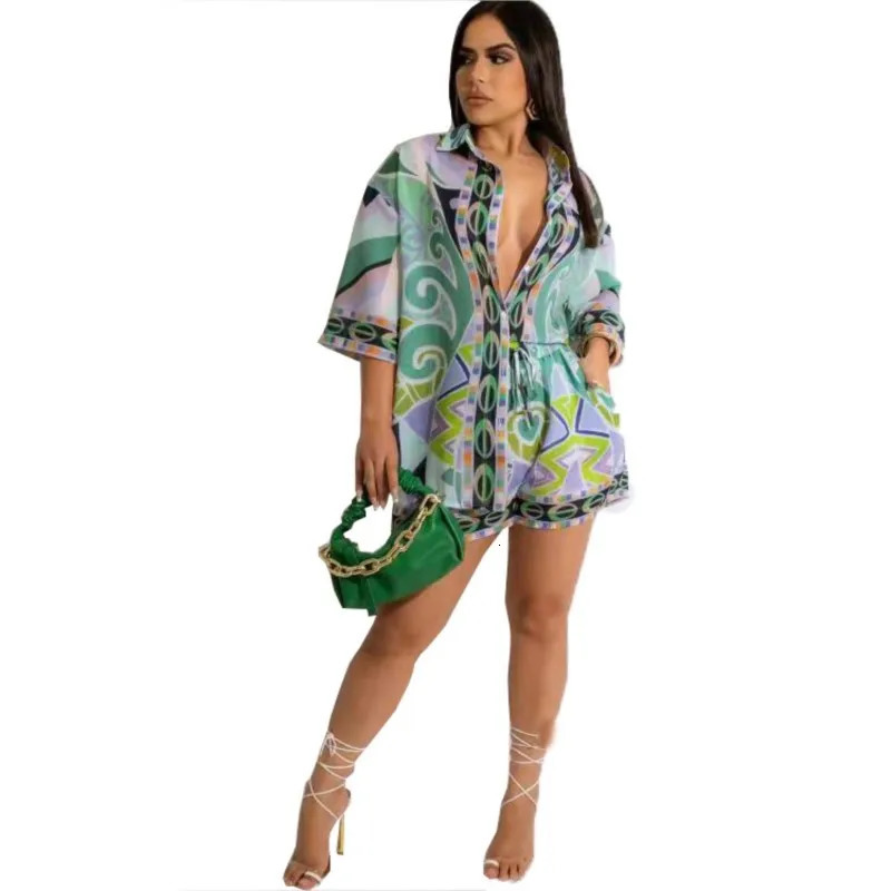 Women Boho Pattern Printed Half Sleeve Loose Casual Shirt Shorts Suit Spring Summer Fashion Two 2 Piece Set Outfits Tracksuit 250313