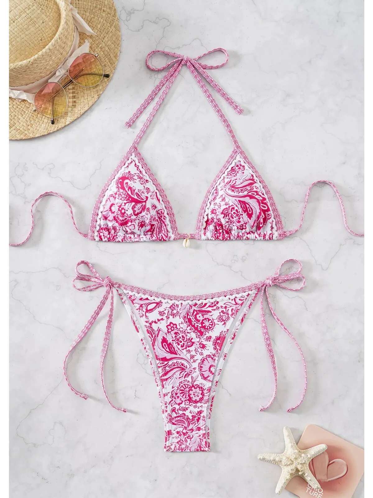 Dongdumaoyi Flower Print Two Piece Swimsuit For Women Sexy Halter Backless Bikini Set Summer Triangle Bra Beach Vacation Swimwear