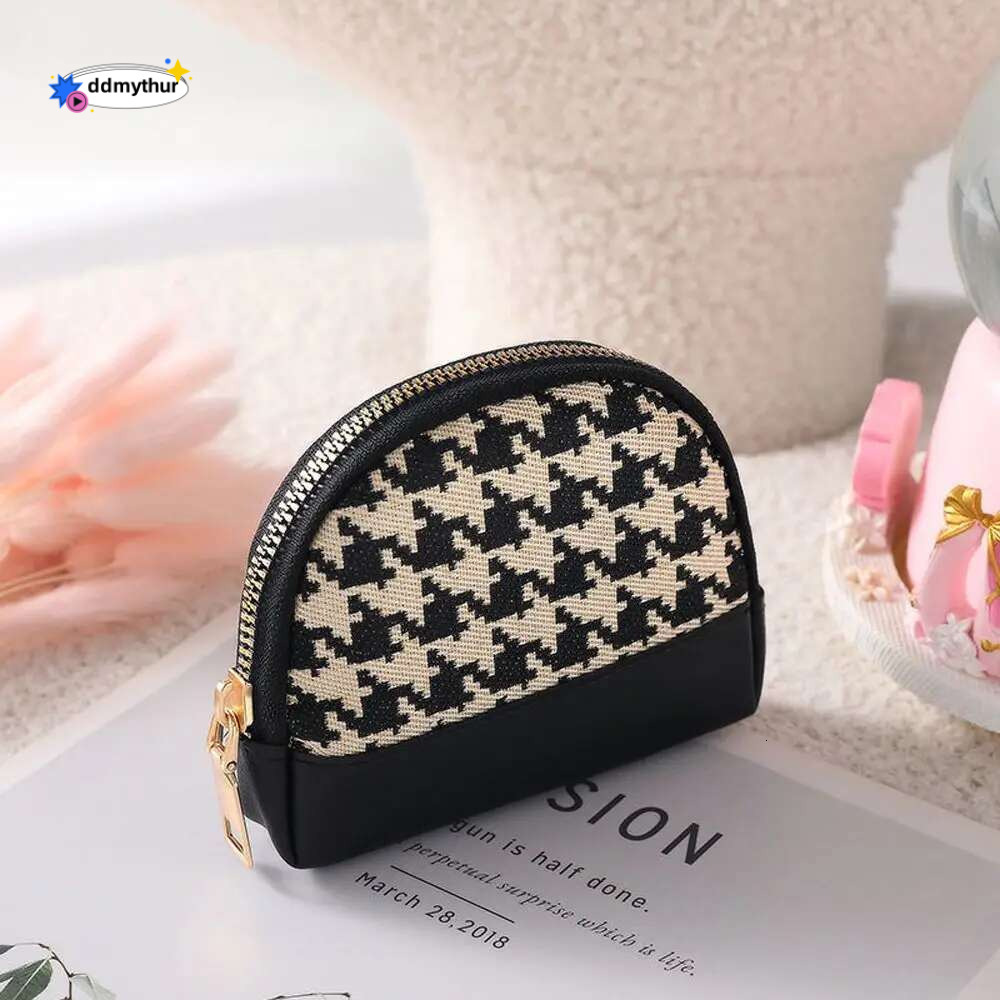 Women Coin Purse Houndstooth Fabric Embroidery Double Layers Zipper Bag Leather Card Holders Mini Key Wallet ddmythur