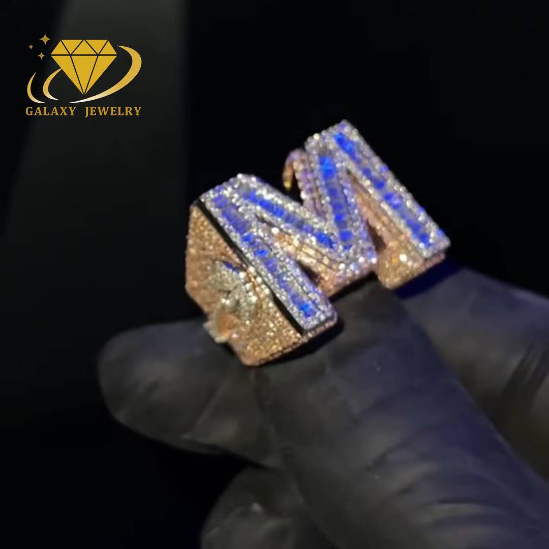 Custom Baguette M Initial Letter Ring Iced Out Vvs Moissanite Diamond 925 Sterling Silver Rappers Moissanite Hip Hop Ring
