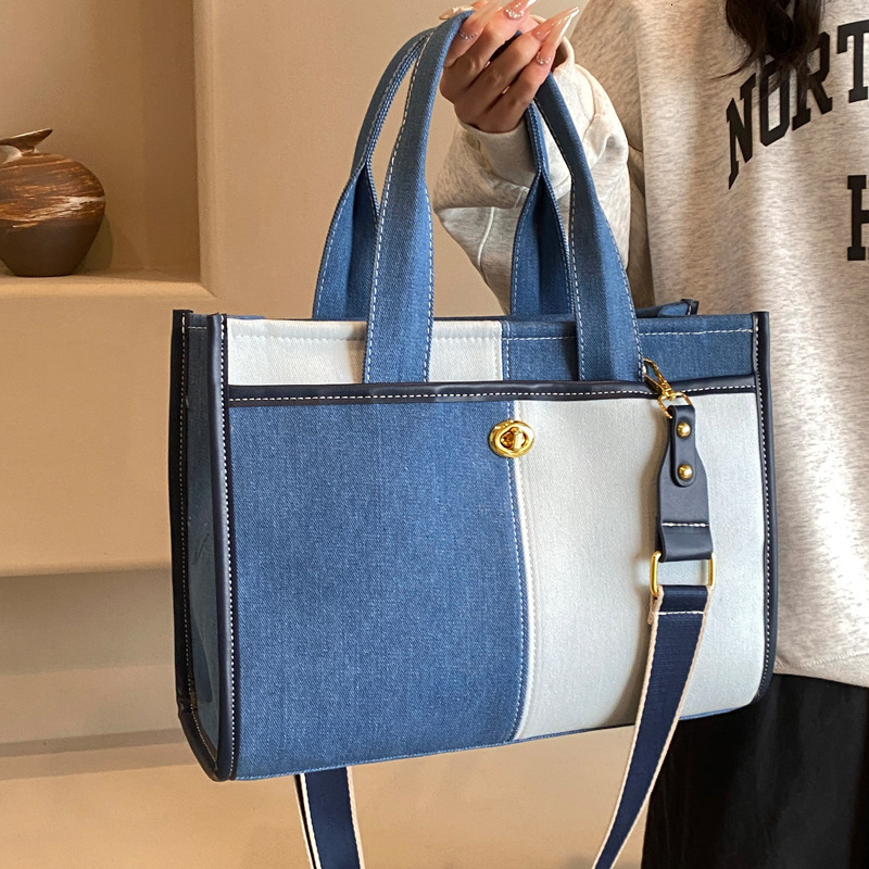2025S Designer Women S Bag Denim Handheld Women S New Fashionable Color Contrast Splicing Single Shoulder Crossbody Commuter Leisure Tote Bag