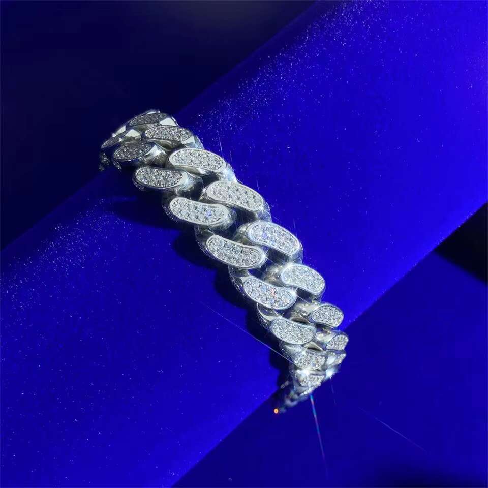 13MM Hip Iced Out 925 Sterling Silver Moissnaite Diamonds VVS D Zircon Rhodium Gold Plated Cuban Link Bracelets