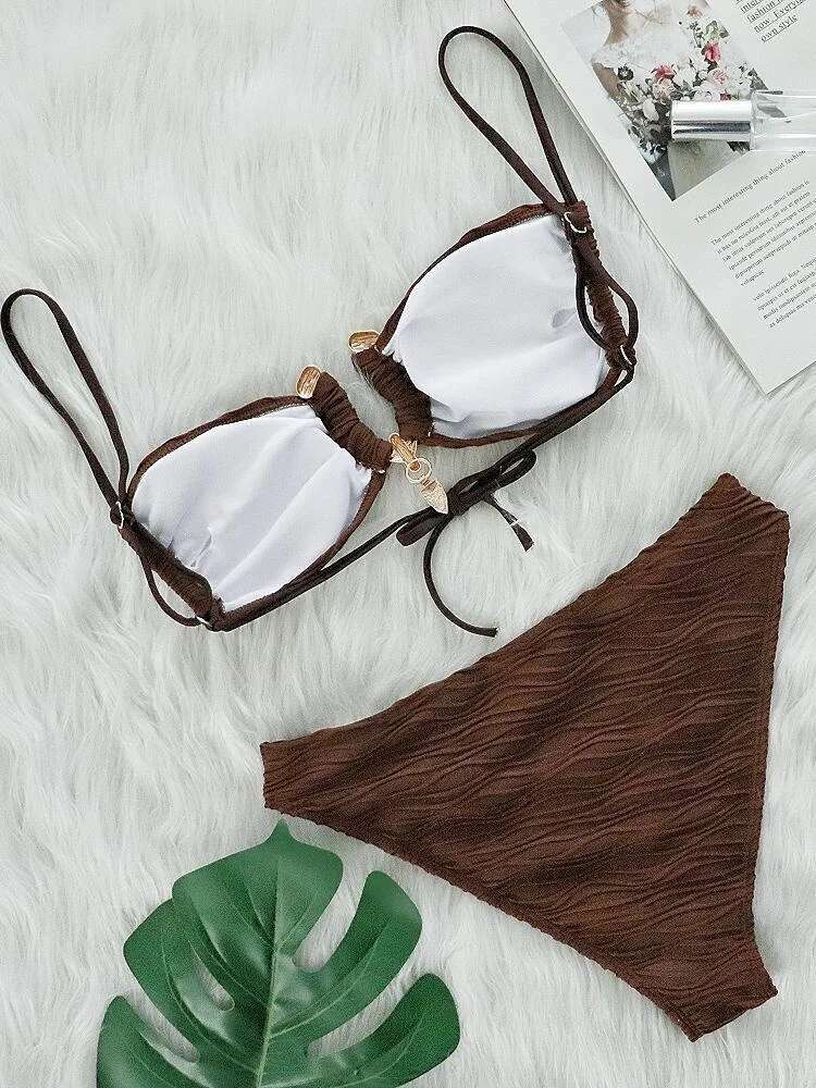 Dongdumaoyi Sexy Coffee Bikini Women Pleate Metal V Wire High Waist Swimsuit Summer Bathing Suit Holiday Two Piece Swimwear Biquini