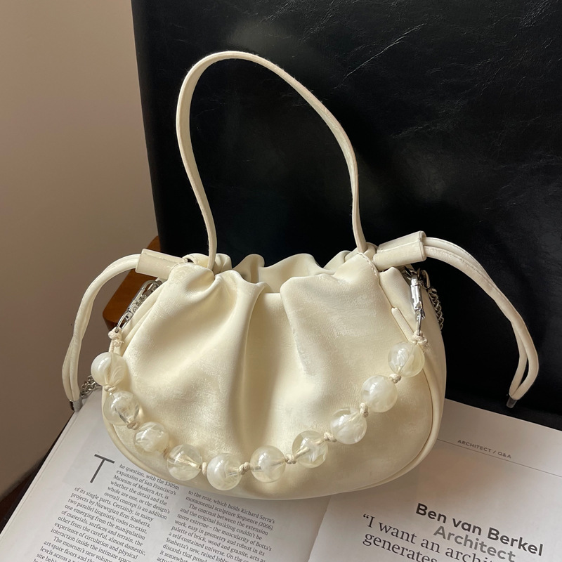 2025S Designer Women S Bag Internet Celebrity Drawstring Bucket New Chinese Style Trendy Pleated Cloud Bag Versatile Pearl Handbag Crossbody Bag