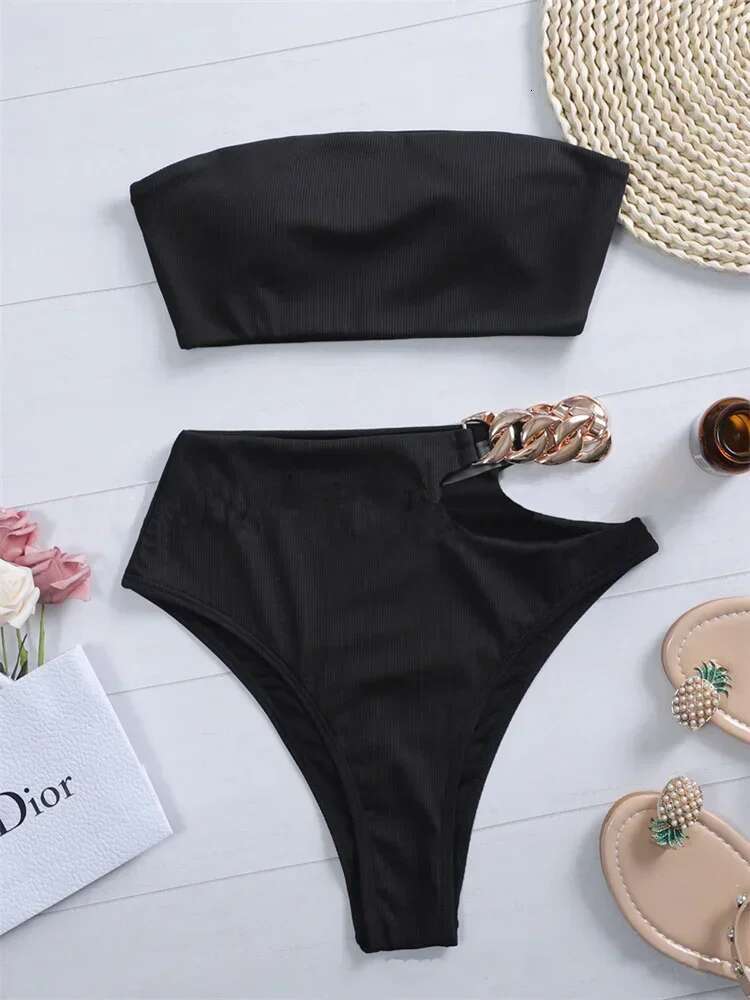 Dongdumaoyi Bandeau Bikini Women Sexy White Black Cut Out Metal High Waist Swimsuit Female Off Shoulder Bathing Suit Swimwear Beachwear