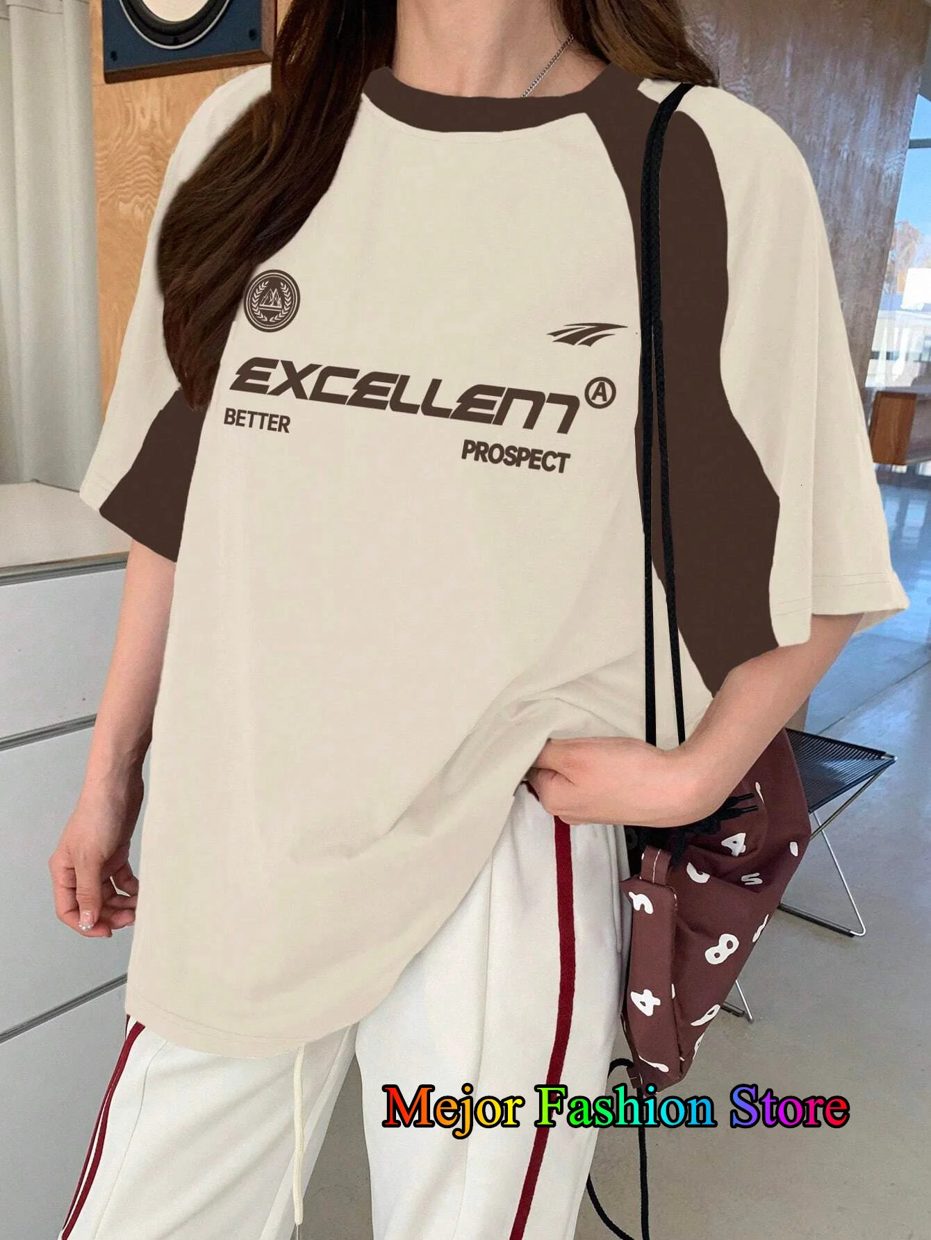 Summer womens Oneck printed Tshirt red patch short sleeved mesh sports football shirt Y2K oversized top 250407