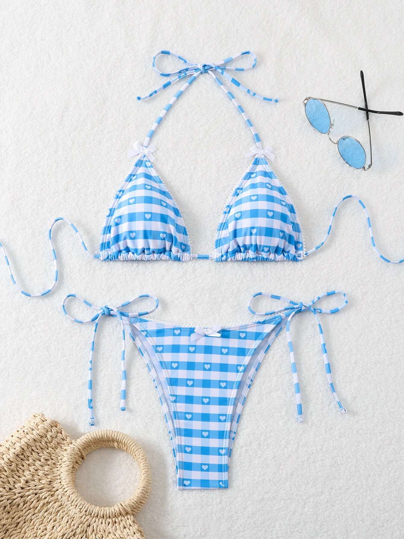 Dongdumaoyi New Women S Piece Swimsuit Blue And White Checkered Printed Bikini Set Sexy Bowknot Triangle Suspender Swimwear Summer