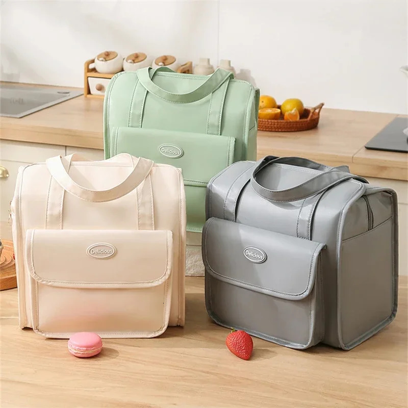 Thick waterproof PU leather lunch bag PEVA lined cooler office desk bento box thermal insulation portable 250401