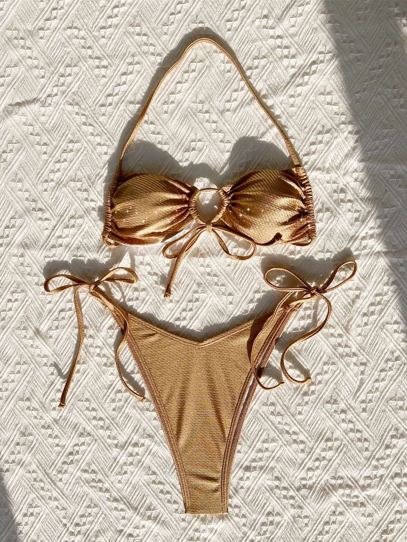 Dongdumaoyi Sexy Gold Bikini Mujer Women Halter Front Bandage Cross Tie Push Up Thong Swimsuit Beach Bathing Suit Mini Swimwear Biquini