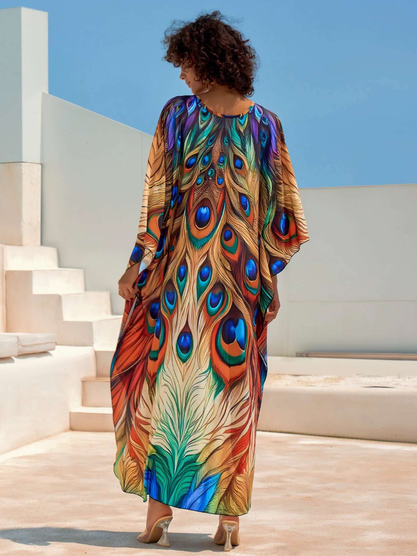 Dongdumaoyi Women S Maxi Dress Orange Peacock Feathers Print V Neck Long Sleeve Beach Cover Up Kaftan Robe Kimono Summer Vacation Wear