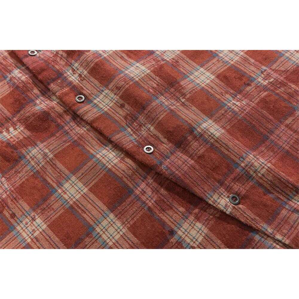 Raw Edge Plaid Mens Splash Ink Autumn High Street Lapel Pocket Single Breasted Long Sleeve Shirts Men