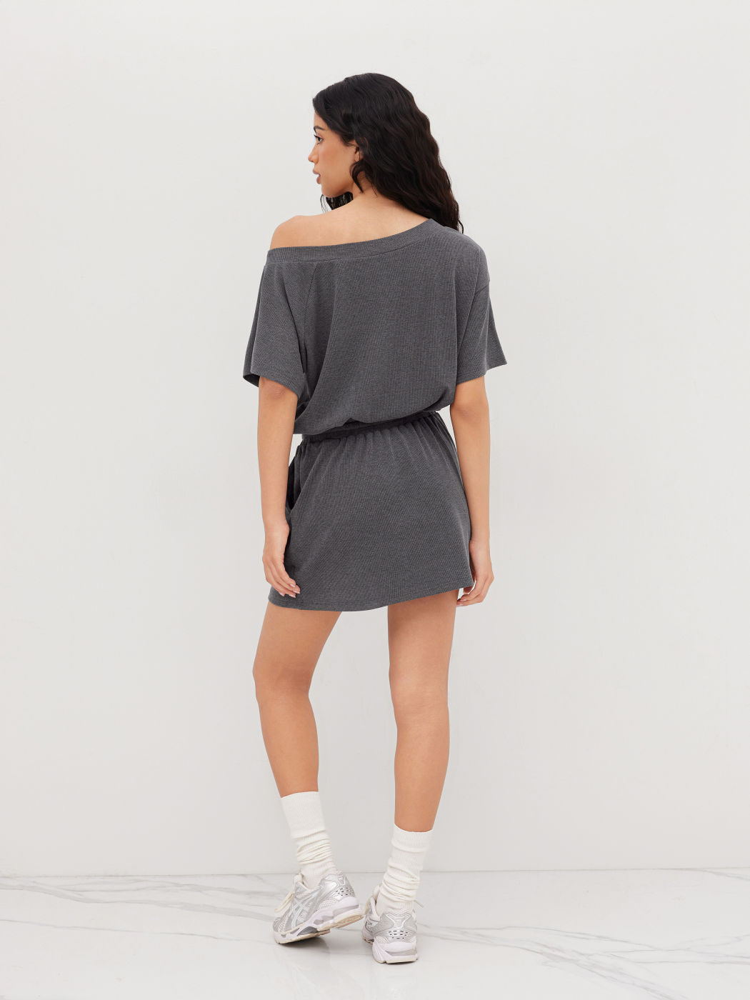 Women's Asymmetrical Off-shoulder Knit Mini Dress with Drawstring Elastic Waist For Daily Casual