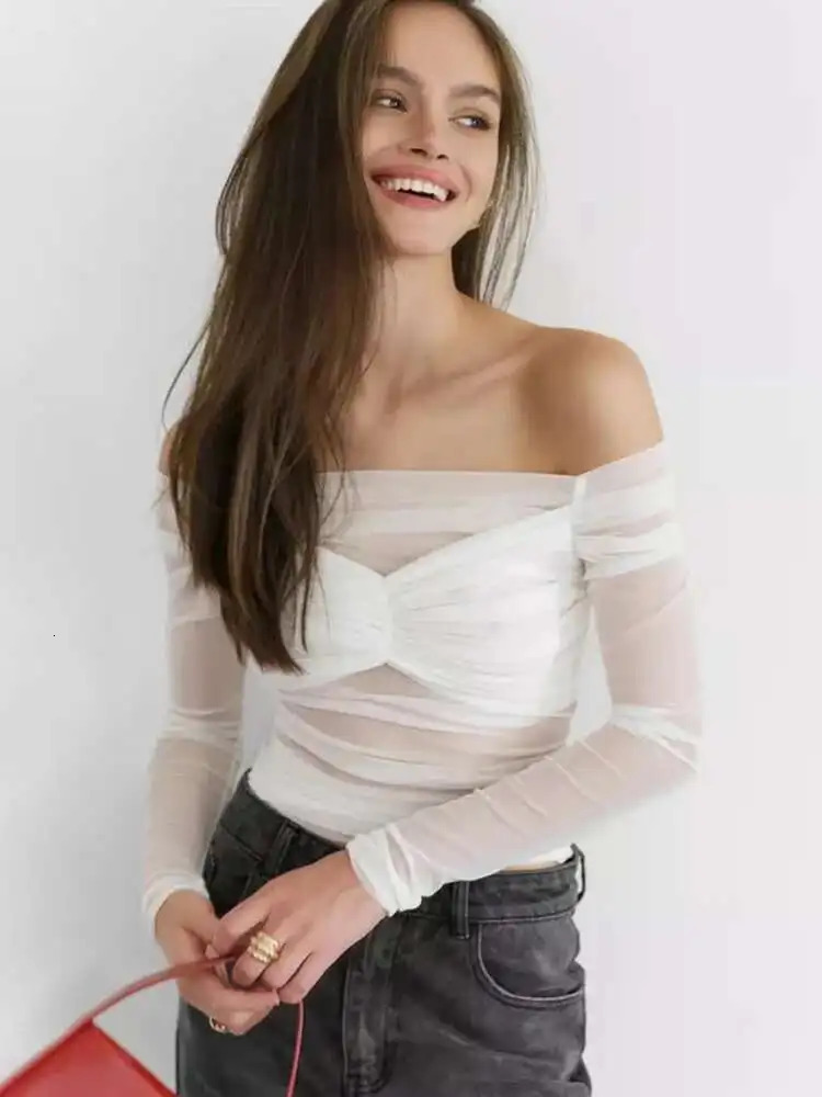 Fantoye sexy see through mesh womens Tshirt white long sleeved shoulder pleated summer ultrathin casual outdoor street clothing 250407