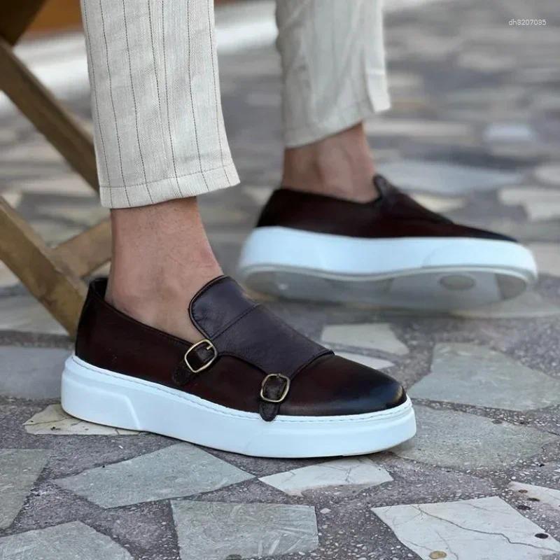 Casual Shoes 's Vulcanize Double Buckle Monk Sports Brown Slip-On Solid Handmade Sneakers Mens