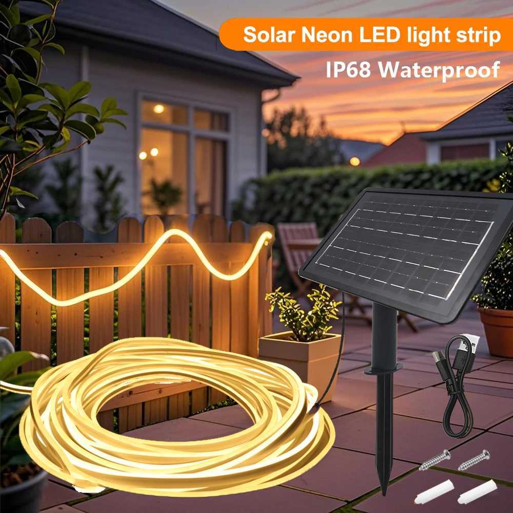 24V Solar Neon Light Strip Waterproof 8 Modes 120LEDs/m Flexible Lamp IP68 High Density Party Garden Outdoor Lighting Warm White W251107