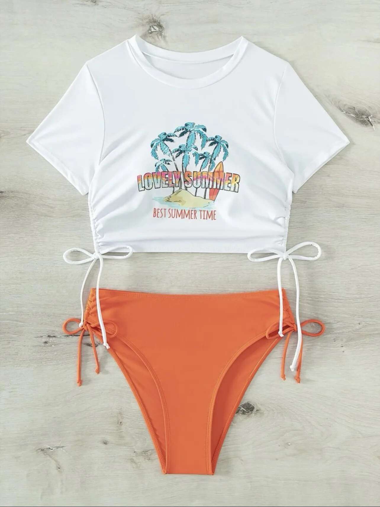 Dongdumaoyi Sexy Maple Letter Print Bikini Set Women Short Sleeve Push Up Pleate Drawstring High Waist Swimsuit Bathing Suit Swimwear