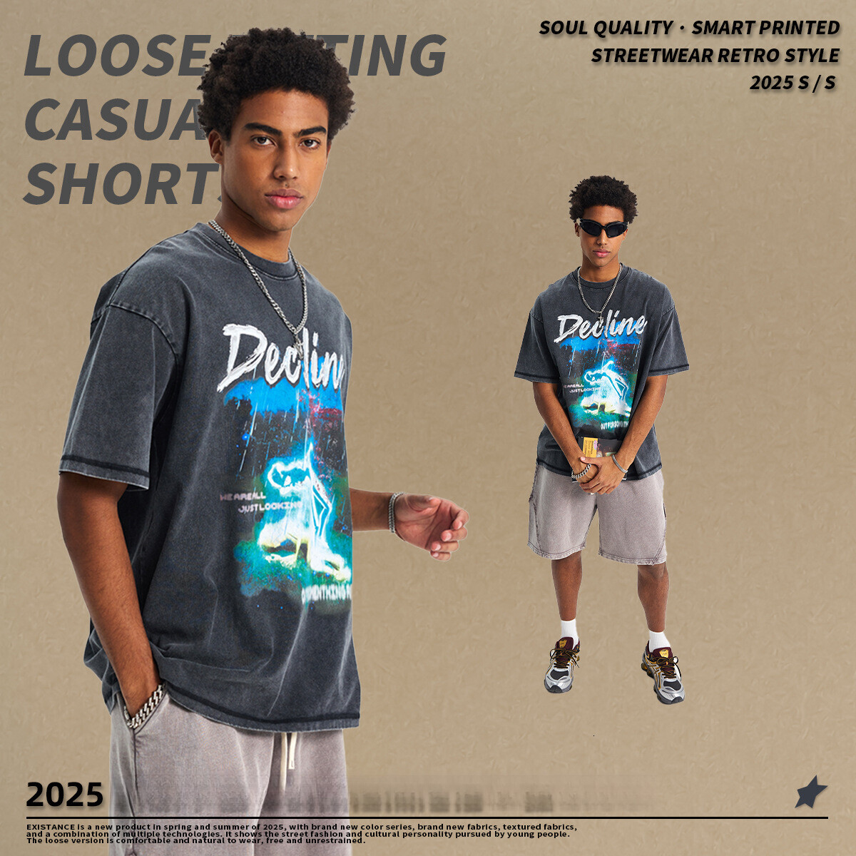 2025 Summer New Product White Ink Printed Loose T-shirt for Men, Simple Elegant Street Trendy, Men's and Women's Same Short Sleeve T
