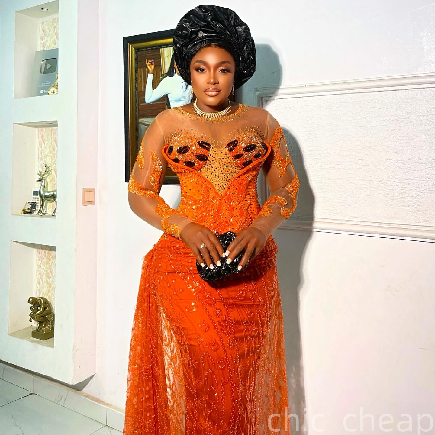 Aso Ebi Sheath Orange Prom Dresses 2026 Beaded Sheer Neck Full Sleeves Evening Formal Party Second Birthday Engagement Gowns Plus Size Dress For Speci
