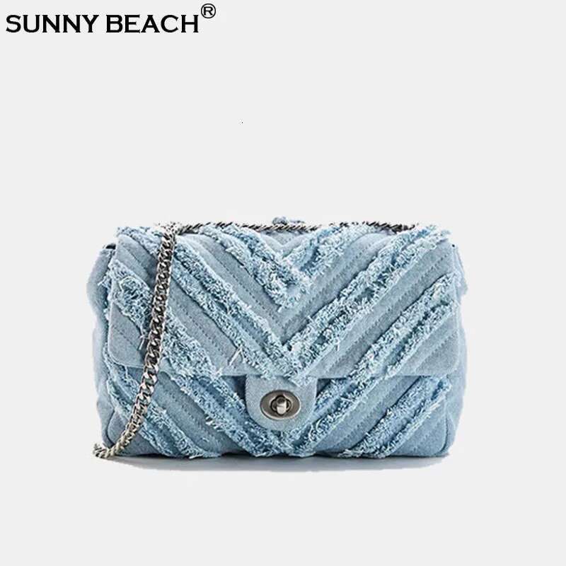 Fashion Women's Shoulder Denim Quilted Totes Bags Retro Blue Jeans Chain Female Flap Handbag