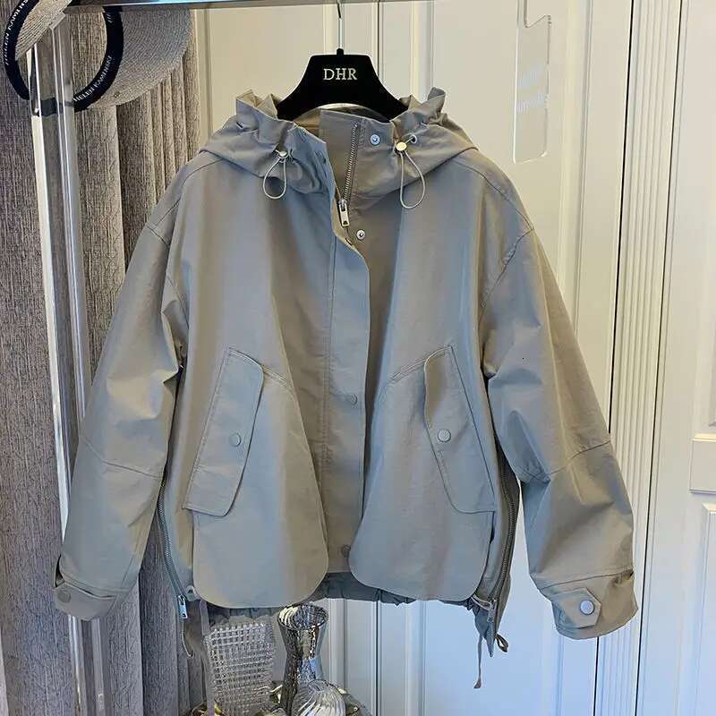 Design Niche Korean Loose Casual Long Sleeve Jacket Big Pockets Patchwork Zip Up Trench Cropped Coat 2024 Autumn Chic Outwears