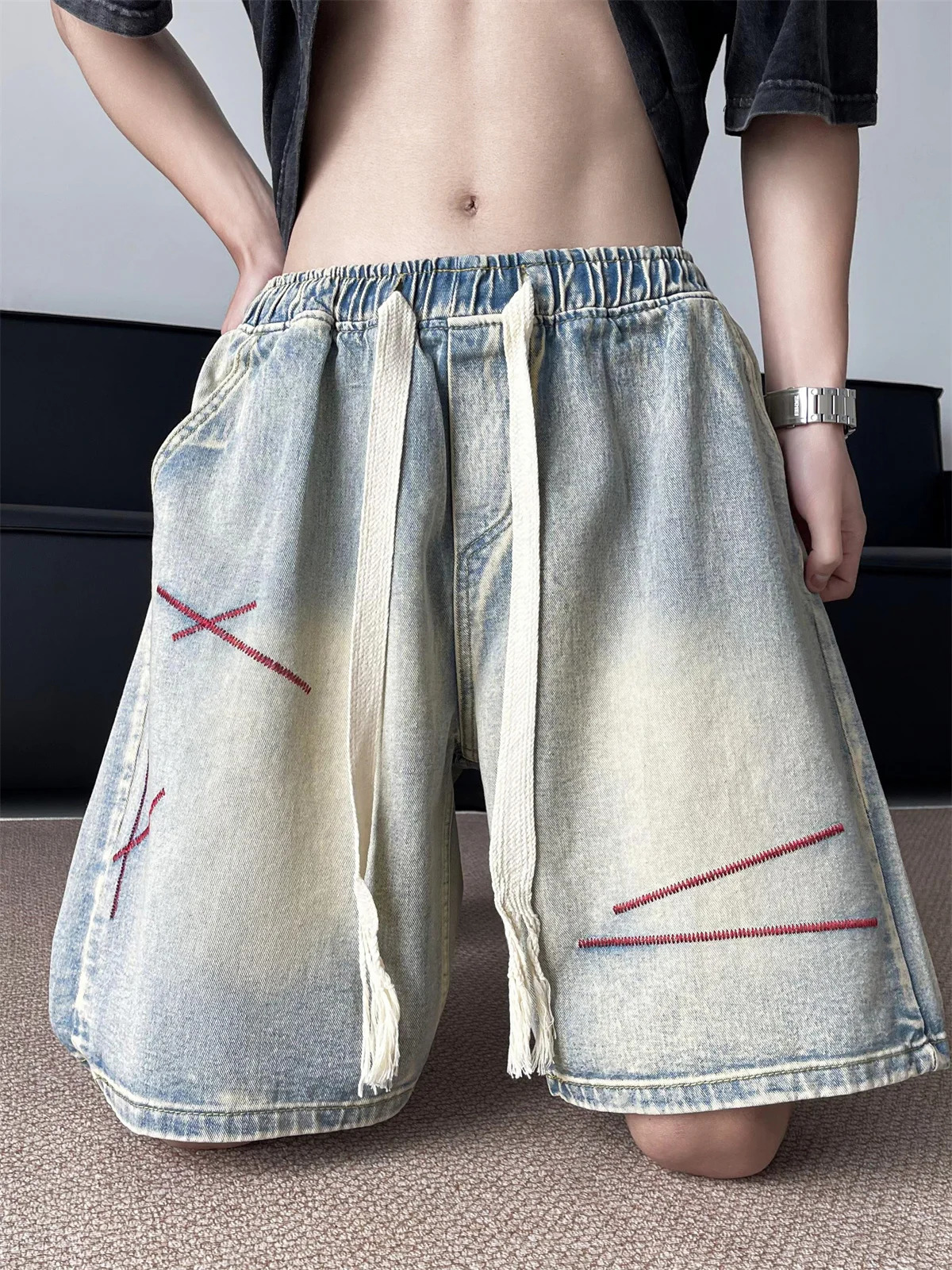 Baggy Jeans Shorts for Men Casual Loose Fit Knee Length Wide Leg Denim Vintage Hip Hop Skateboard Male Streetwear A246 250313