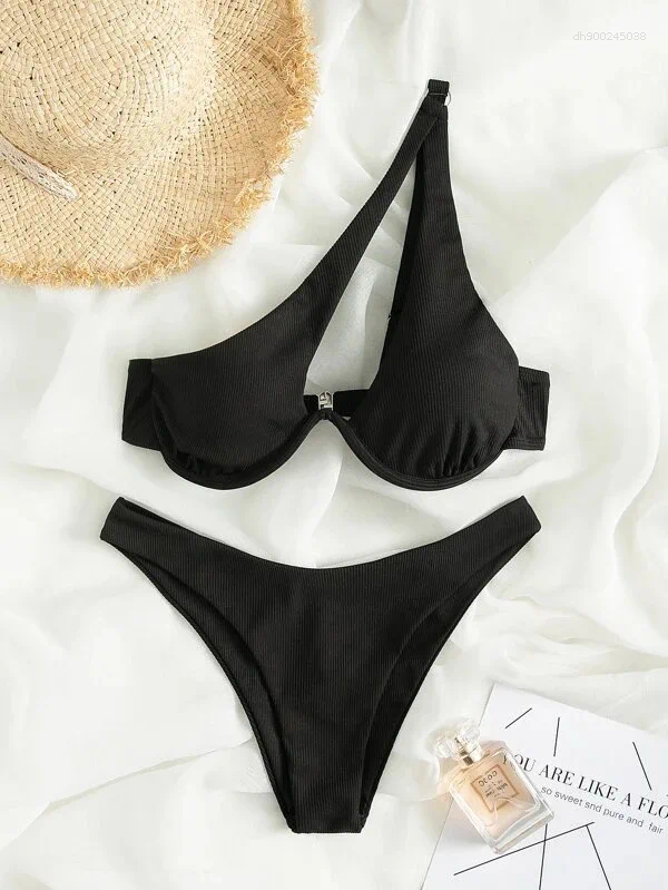 Women's Swimwear Stylish Color Blocked One Shoulder Bikini Swimsuit Sexy Athletic Fitness Swimming Wear For Beach Vacation Fashion Trend