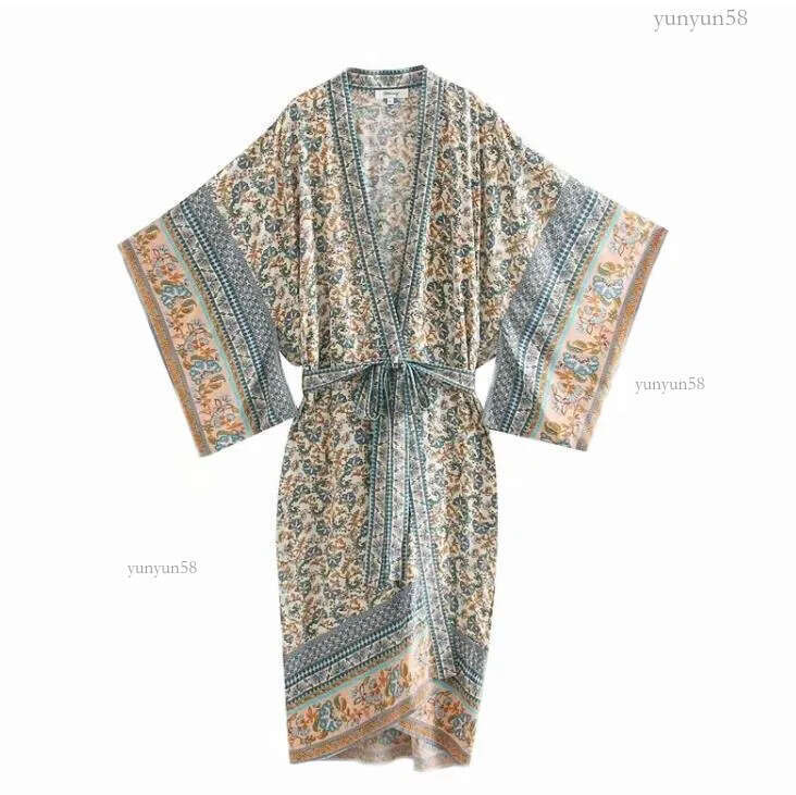 Blouses women's European and American loose all-match ethnic print tie waist kimono dress